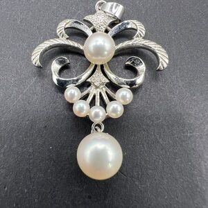 Vintage Silver Tone Faux Pearl Drop Pendant Ornate Scroll Design Signed S